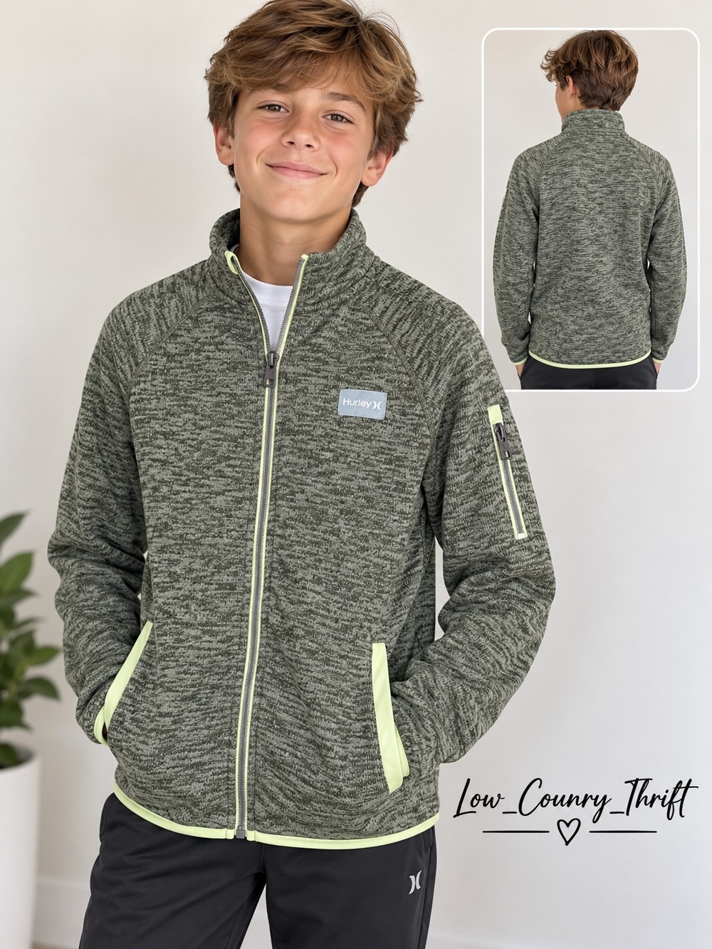 Hurley Boys Youth XL NWT Green Heathered Knit Full Zip Jacket Neon Trim